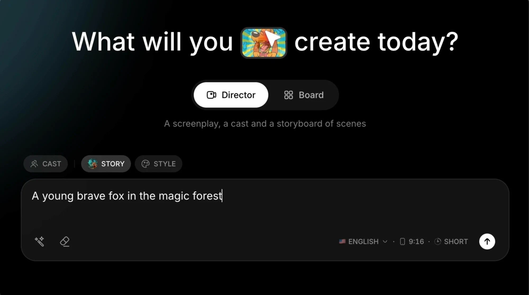 RocketToons Director screen with cast, story and style choices above a fox story prompt