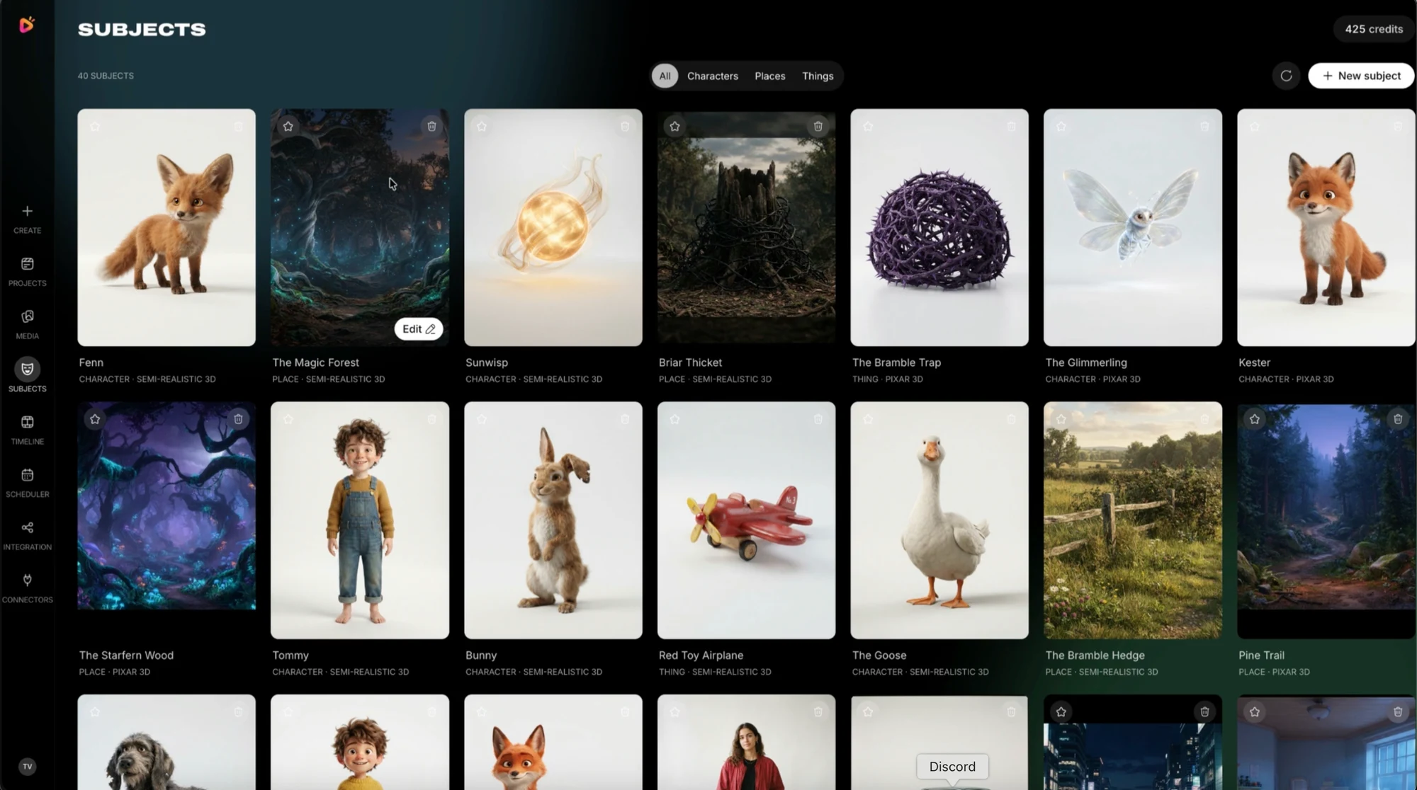 RocketToons Subjects library displaying fox characters, fantasy locations and reusable story props